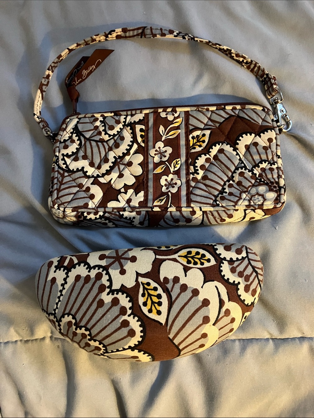 Vera Bradley Brown Cream Yellow Floral Quilted Wristlet with Glasses Sleeve
